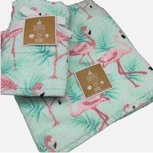 4pc Deborah Connolly Pink Flamingo Palms 2 Bath 2 Hand Towel Set Coastal NEW